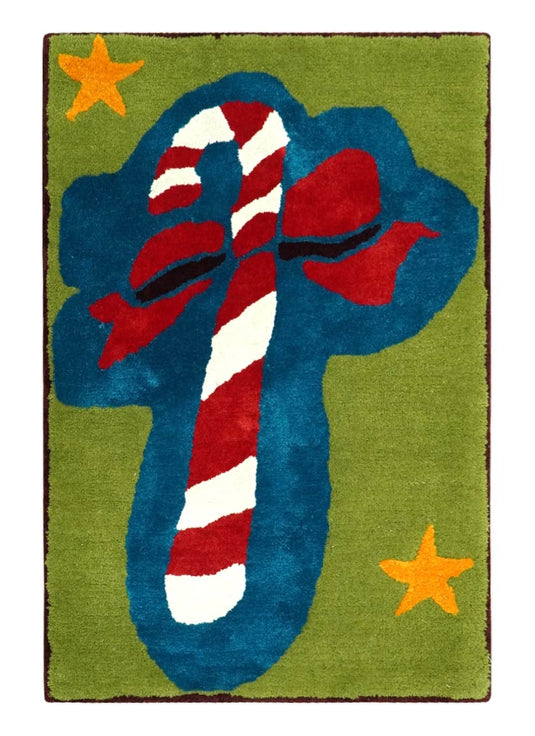 Christmas Candy Cane Green, Blue And Red Hand Tufted 2x3 ft Bedroom, Kids Room Rug Wool Area Rug