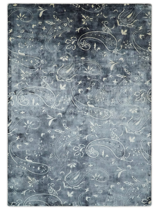 Charcoal, Ivory And Silver Handloom 5.6x8 ft Bedroom, Living Room Rug Wool And Viscose Area Rug