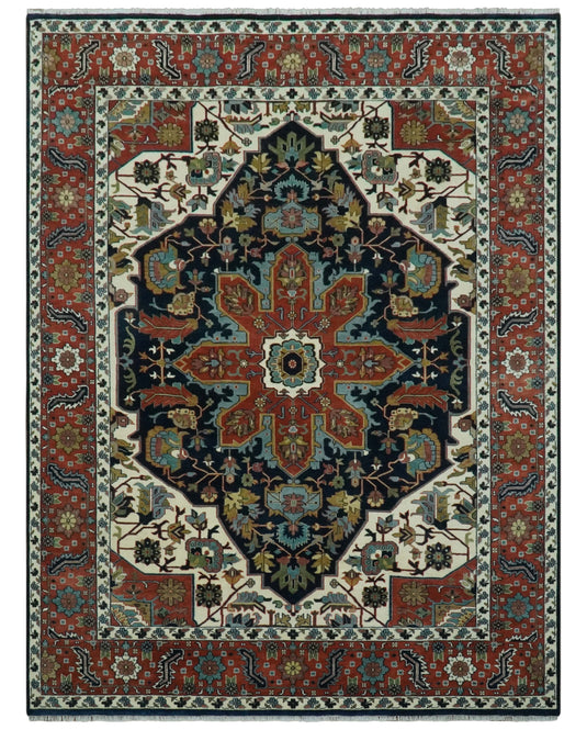 Hand Knotted Ivory, Black And Rust Traditional Floral Wool Rug 9x12 ft Ideal for Living, Bedroom And Dining Rooms | CP2471912