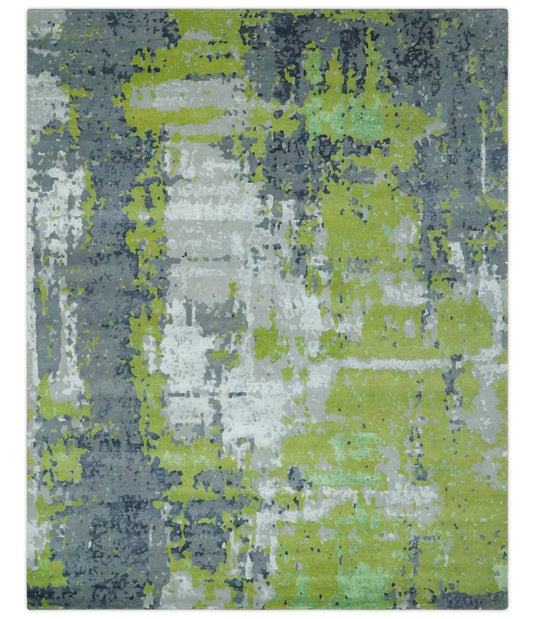 Modern Abstract Green, Ivory, Gray And Charcoal Hand Knotted 8x10 ft Bedroom, Living Room Rug Wool Area Rug