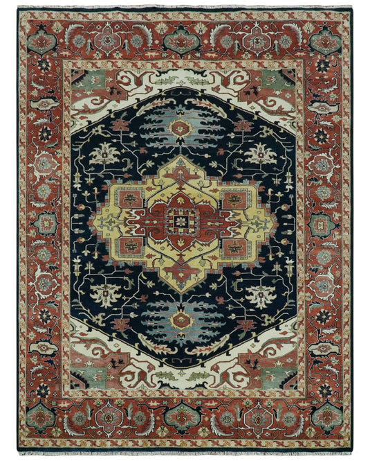 Hand Knotted Rust, Ivory And Black Herati Wool Rug 9x12 ft Ideal for Living, Bedroom And Dining Rooms | CP2470912