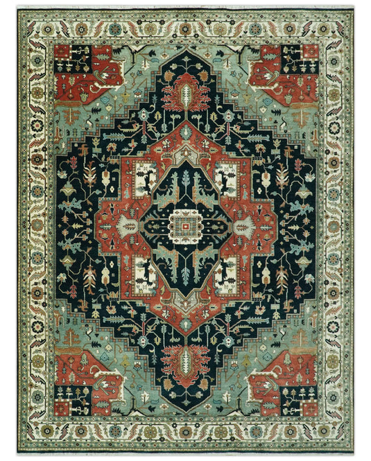 Hand Knotted Traditional Heriz Brown, Black, Blue And Ivory Serapi Wool Rug 9X12 ft Ideal for Living, Bedroom And Dining Rooms | CP2441912