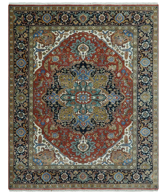 Hand Knotted Traditional Antique Herati Rust, Black, Teal And Olive Wool Rug 8x10 ft Ideal for Living, Bedroom And Dining Rooms | CP2454810