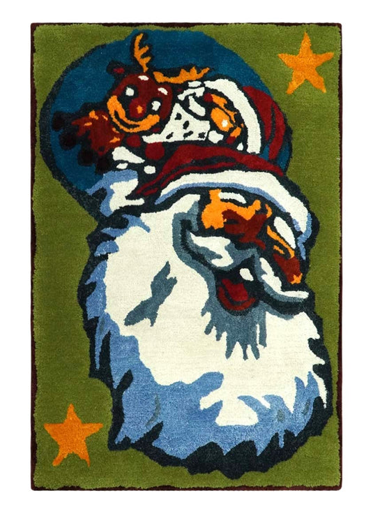 Green, Blue, Red And White Santa Claus Hand Tufted 2x3 ft Bedroom, Kids Room Rug Wool Area Rug