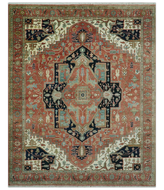 Hand Knotted Traditional Heriz Rust, Black, Blue And Ivory Wool Rug 9x12 ft Ideal for Living, Bedroom And Dining Rooms | CP1959912