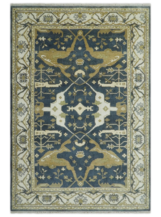 Hand Knotted Charcoal, Beige And Ivory Oriental Oushak Wool Rug 6x9 ft Ideal for Living, Bedroom And Dining Rooms | CP237269