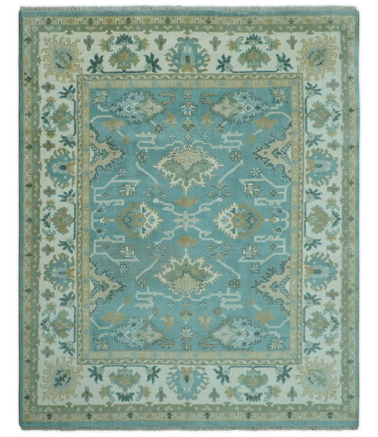 Custom Made Aqua, Beige, Gray And Ivory Traditional Oushak Hand Knotted Wool Area Rug