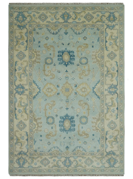 Custom Made Hand Knotted Traditional Pattern Blue And Beige Wool Area Rug