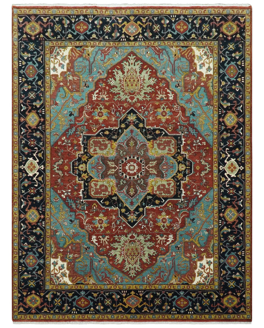 Hand Knotted Traditional Central Medallion Red, Aqua, brown, Black And Olive Wool Rug 9x12 ft Ideal for Living, Bedroom And Dining Rooms | CP986912