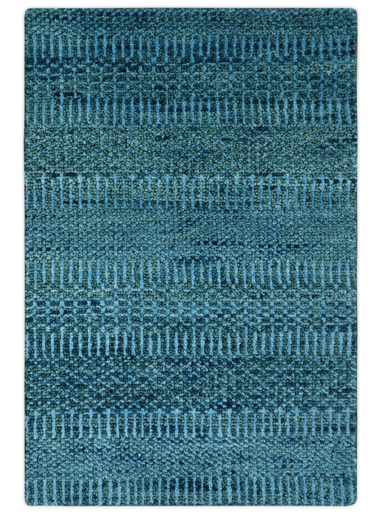Modern Geometrical Striped Deep Teal And Blue Hand knotted Wool Rug 2x3 ft Ideal for Living, Bedroom And Dining Rooms