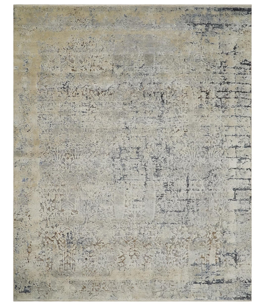 Traditional Floral Silver, Beige And Charcoal Hand Knotted 8x10 ft Bedroom, Living Room Rug Wool And Original Silk Area Rug