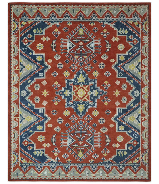 Tribal Pattern Rust, Blue and Silver Hand Knotted 8x10 ft wool Area Rug