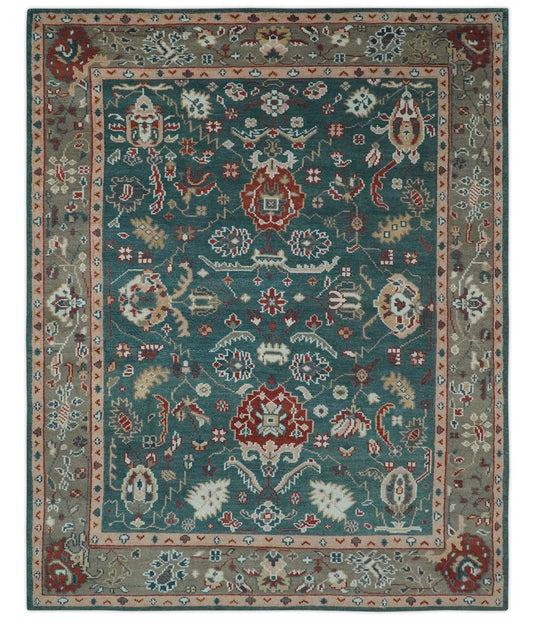 Traditional Oushak Green, Brown and Rust Hand Knotted 8x10 ft wool Area Rug