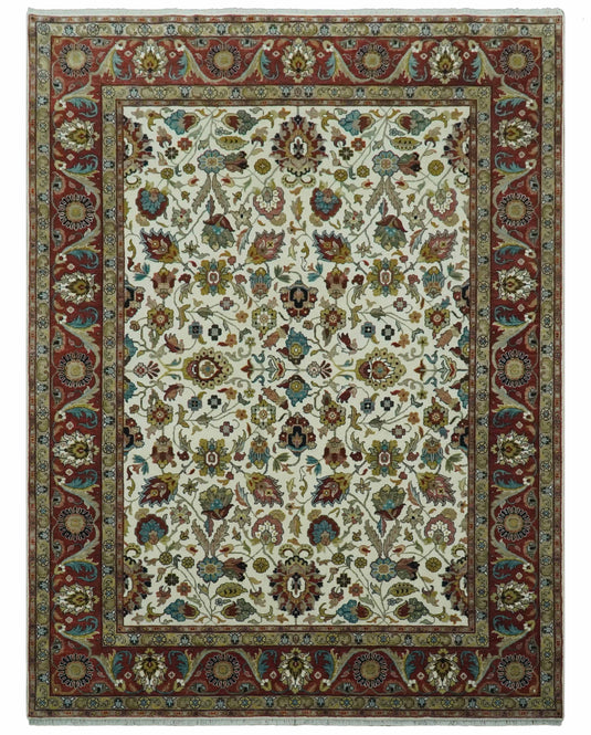 Antique Ivory, Brown, Olive And Blue Traditional Floral Hand Knotted Wool Rug 9x12 ft Ideal for Living, Bedroom And Dining Rooms | CP1788912