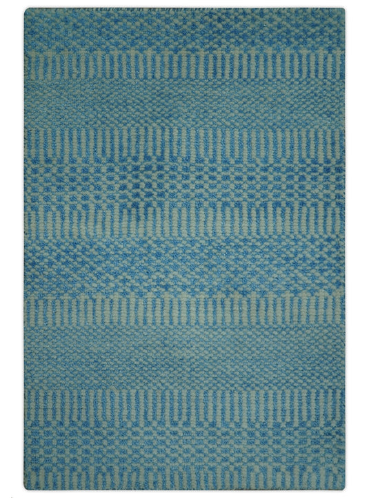 Blue and Ivory Modern Geometrical Striped Hand knotted Wool Rug 2x3 ft Ideal for Living, Bedroom And Dining Rooms