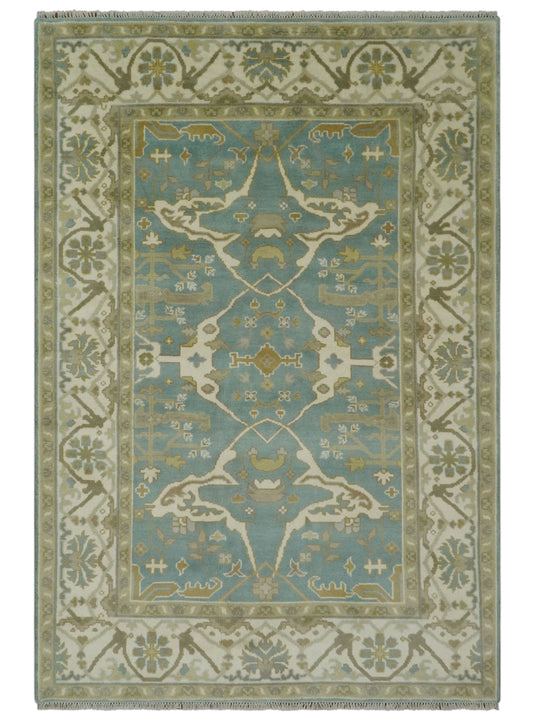 Hand Knotted Classic Oushak Teal, Beige And Ivory Wool Rug 6x9 ft Ideal for Living, Bedroom And Dining Rooms | CP235669