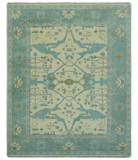 Custom Made Traditional Oushak Ivory, Aqua, And Gray Hand Knotted Wool Area Rug