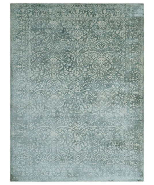 Traditional Floral Green And Ivory Handloom 5.6x8 ft Bedroom, Living Room Rug Wool And Viscose Area Rug