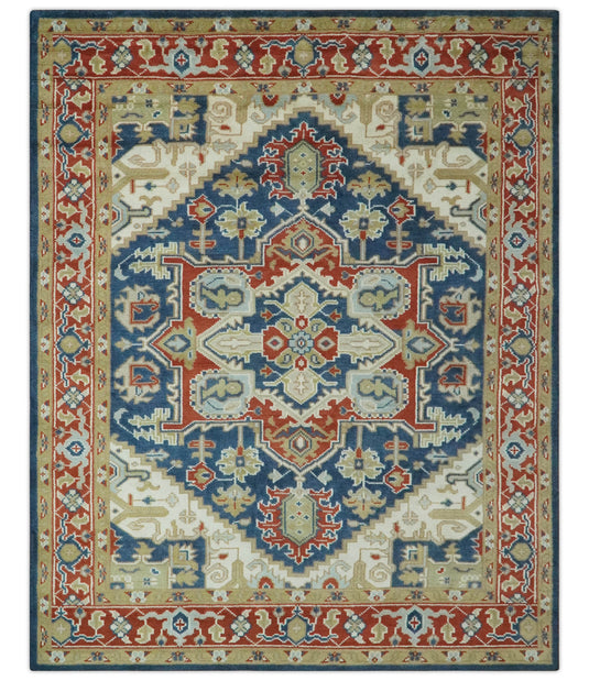 Traditional Pattern Blue, Ivory, Red and Beige Hand Knotted 8x10 ft wool Area Rug