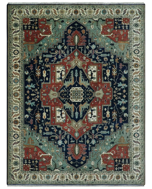 Black, Rust, And Green Traditional Serapi Hand Knotted Wool Rug 9x12 ft Ideal for Living, Bedroom And Dining Rooms | CP1811912B