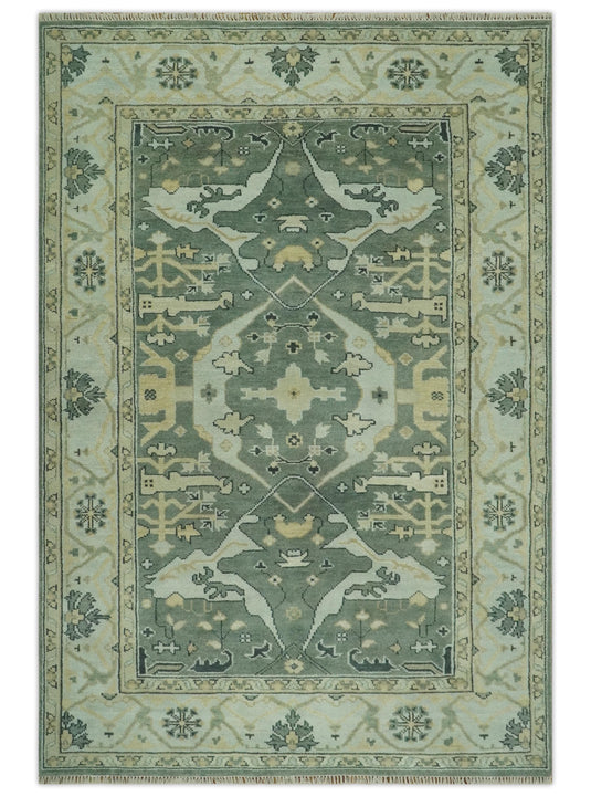 Hand Knotted Oriental Oushak Sage Green, Ivory And Beige Rug 6x9 ft Ideal for Living, Bedroom And Dining Rooms | CP38181