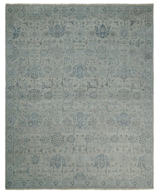 Beige and Blue Vintage Traditional Handknotted Heriz Serapi Rug Made with Wool | Oxidised,DIstressed low Pile Vintage Rug, Living Room Rug