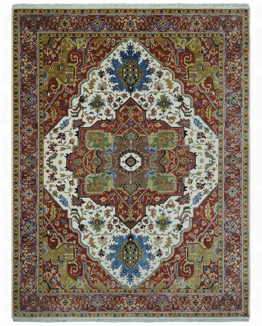 Hand Knotted Traditional Heriz Rust, Ivory, Blue, Green And Beige Wool Rug 9x12 ft Ideal for Living, Bedroom And Dining Rooms | CP2436912