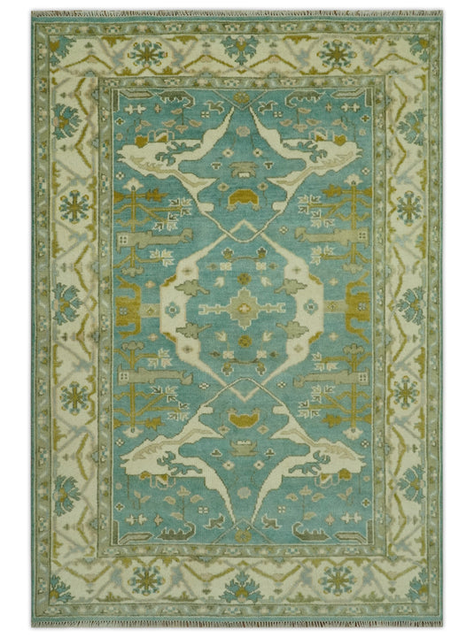 Hand Knotted Oriental Oushak Aqua, Olive And Ivory Rug 6x9 ft Ideal for Living, Bedroom And Dining Rooms | CP38345