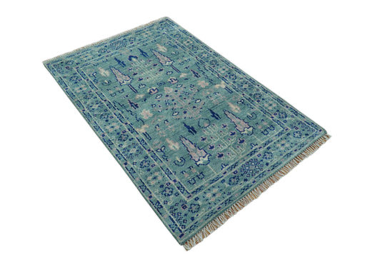 Traditional Tree of Life Design 4x6 ft Hand Knotted Teal And Blue Wool Area Rug