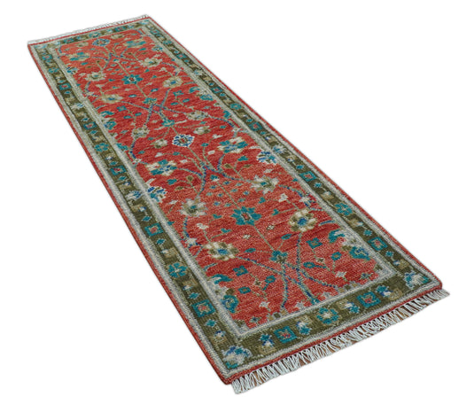 Traditional Oushak Design Red 2.6X8 ft Hand Knotted Wool Area Rug