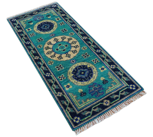 Traditional Khotan Design Teal And Blue 3x6 ft Hand Knotted Wool Area Rug