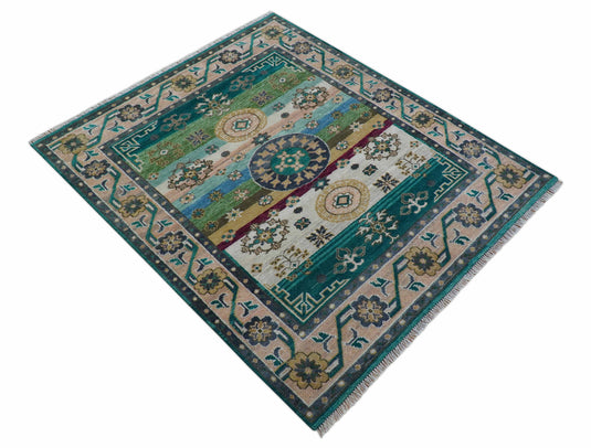 Traditional Khotan Design Beige And Teal 8x10 ft Hand Knotted Wool Area Rug