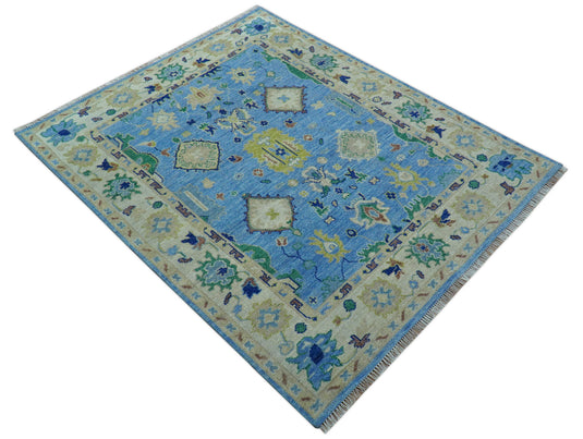 Traditional Turkish Design 8x10 ft Hand Knotted Blue And Ivory Wool Area Rug