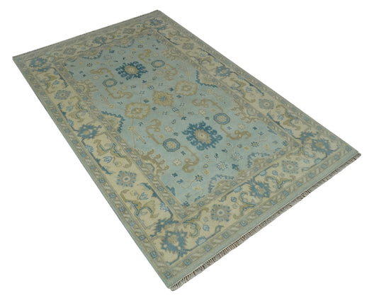 Custom Made Hand Knotted Traditional Pattern Blue And Beige Wool Area Rug