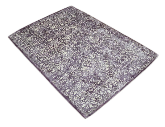 Traditional Floral Purple And Ivory Handloom 5.6x8 ft Bedroom, Living Room Rug Wool And Viscose Area Rug