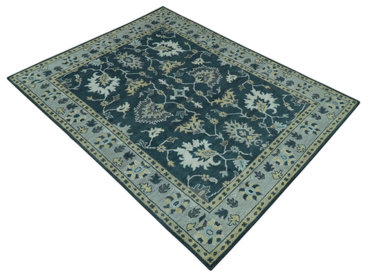 Traditional Floral Pattern Dark Teal, Beige, Silver and Ivory Hand Knotted 8x10 ft wool Area Rug