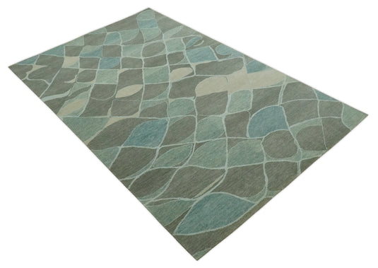 Contemporary Geometrical Pattern Hand knotted Charcoal, Green, Ivory and Blue 5x8 ft Bedroom, Living Room Rug Wool Area Rug