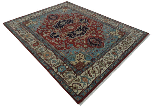 Hand Knotted Aqua, Ivory And Rust Traditional Wool Rug 9x12 ft Ideal for Living, Bedroom And Dining Rooms | CP2472912