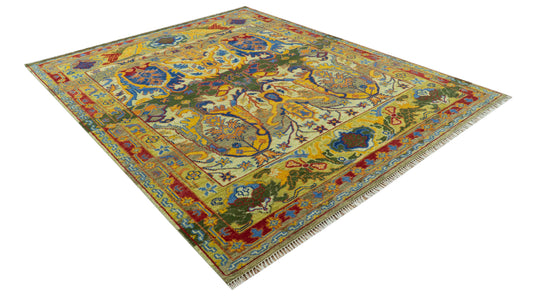 Custom Made Transitional Gold, Green And Blue Hand Knotted Wool Area Rug