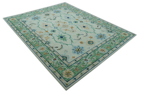 Custom Made Ivory, Green And Blue Floral Motifs Hand Tufted Wool Area Rug