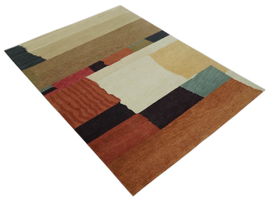 Modern Geometrical Pattern Hand Knotted Brown and Charcoal 5x6 ft Bedroom, Living Room Rug Wool Area Rug