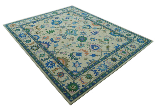 Custom Made Beige And Blue Traditional Floral Motifs Hand Tufted Wool Area Rug
