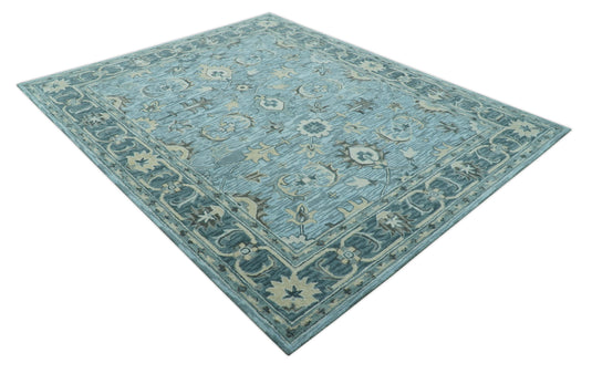 Custom Made Traditional Floral Aqua, Gray and Beige Hand Tufted Wool Area Rug