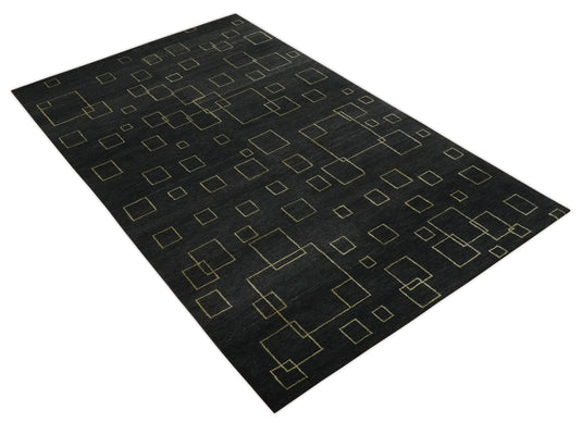 Modern geometrical pattern Hand Knotted Charcoal and Gold Color 5x8 ft Bedroom, Living Room Rug Wool and Art Silk Area Rug