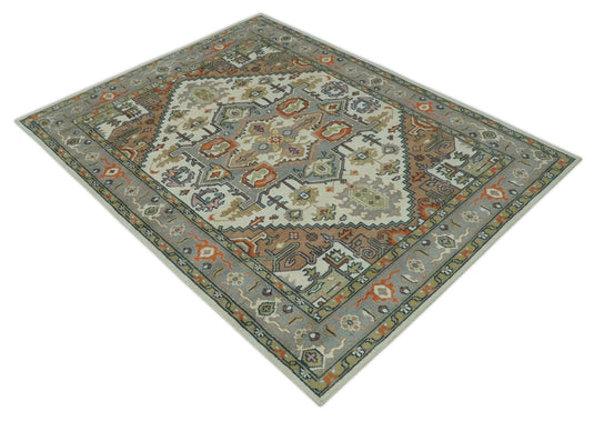 Traditional Medallion Pattern Ivory, Brown, Gray and Olive Hand Knotted 8x10 ft wool Area Rug