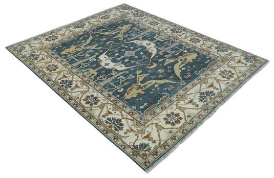 Traditional Oriental Oushak Hand knotted Dark Blue and Beige 8x10 ft Bedroom, Living Room Rug ,wool Area Rug