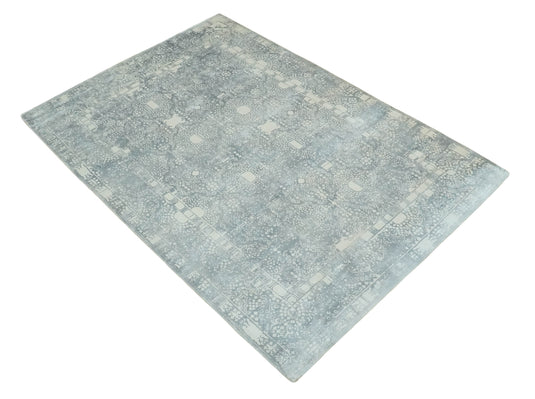 Traditional Gray And Ivory Handloom 5.5x8 ft Bedroom, Living Room Rug Wool And Viscose Area Rug