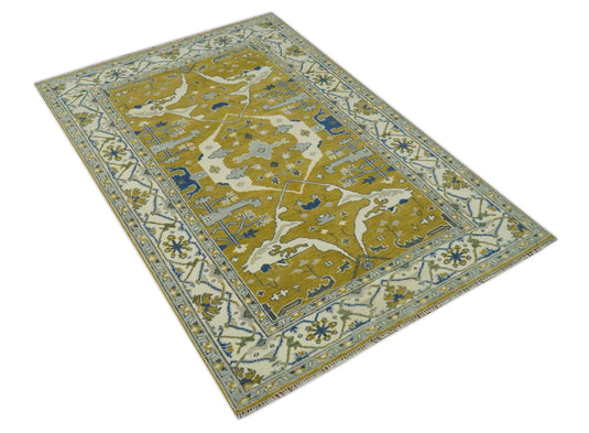 Custom Made Hand Knotted Turkish Oushak Mustard, Blue, Ivory And Gray Wool Area Rug