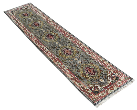 Hand Knotted Heriz Serapi Rug Grey and Ivory 2.6x12 ft Runner Ideal for Living, Bedroom, and Dining Rooms | CP18832612