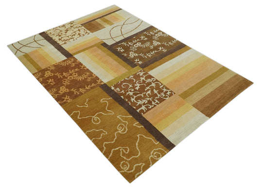 Modern Geometrical Floral pattern Hand Knotted Brown, Beige, Ivory and Olive 6x8 ft Bedroom, Living Room Rug Wool Area Rug